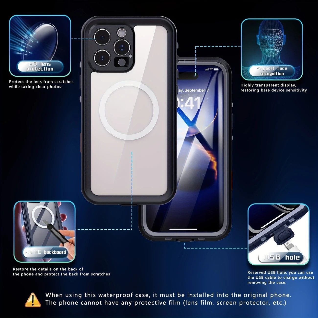 iPhone 16  Waterproof Phone Case IP68 Drop Protection Snow Dust Resistant with Lanyard for Swimming Skiing Off Road Adventures(black) - Image 8
