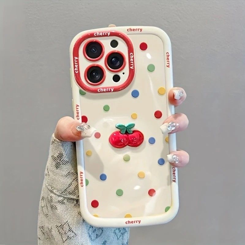 Creamy White Shell Cherry Painting iPhone Case Silicone Drop Protection Full Lens Cover with Lanyard Cute Polka Dot Design(iPhone16) - Image 1