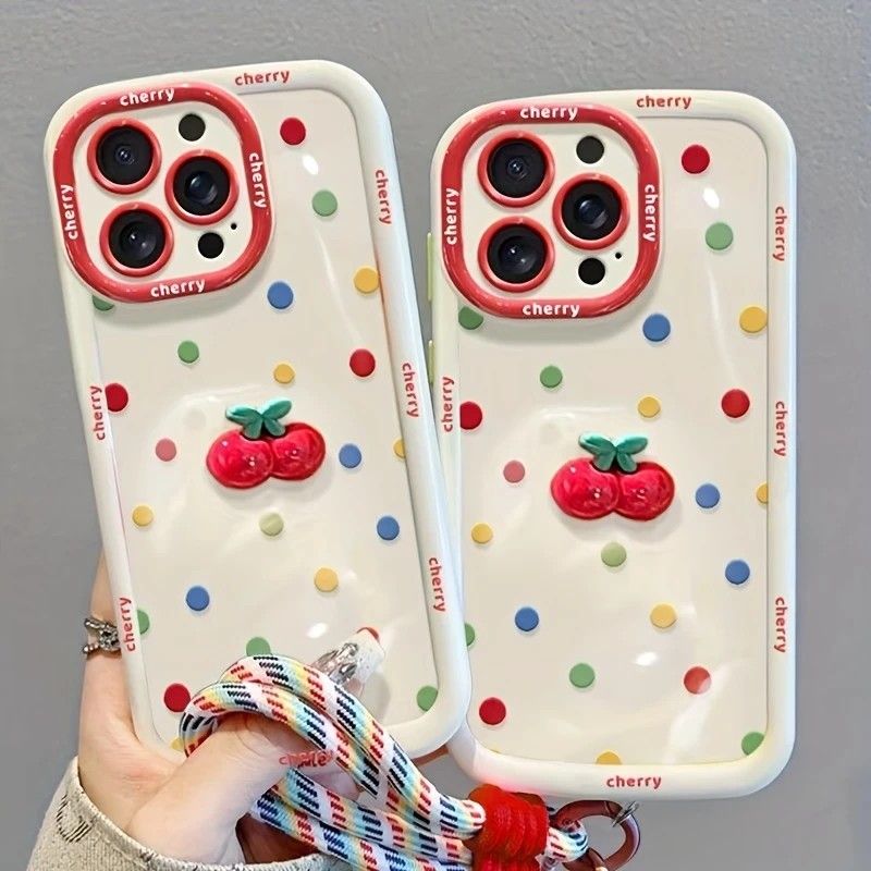 Creamy White Shell Cherry Painting iPhone Case Silicone Drop Protection Full Lens Cover with Lanyard Cute Polka Dot Design(iPhone17) - Image 5