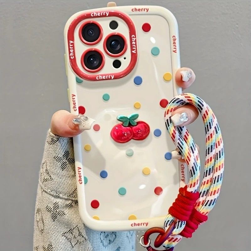Creamy White Shell Cherry Painting iPhone Case Silicone Drop Protection Full Lens Cover with Lanyard Cute Polka Dot Design(iPhone17) - Image 8