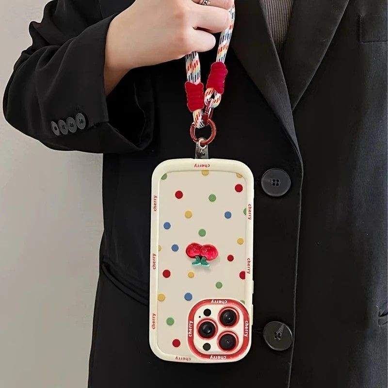 Creamy White Shell Cherry Painting iPhone Case Silicone Drop Protection Full Lens Cover with Lanyard Cute Polka Dot Design(iPhone17 pro) - Image 5