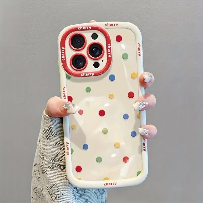 Creamy White Shell Cherry Painting iPhone Case Silicone Drop Protection Full Lens Cover with Lanyard Cute Polka Dot Design(iPhone17 promax) - Image 3