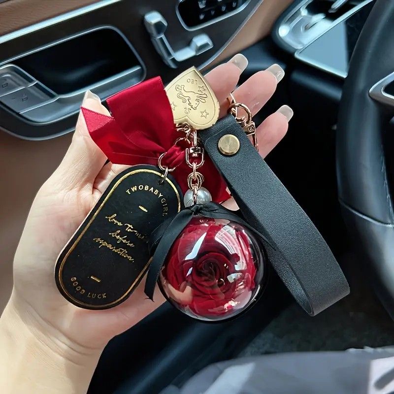 Valentine's Day Preserved Flower Leather Keychain: Romantic and Cute to Carry Around, Perfect for Gifting or Personal Use(GREEN) - Image 2
