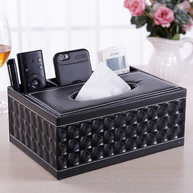 Black cat's eye Multi-Function Leather Tissue Box, Wooden Frame with Compartment Storage, Anti-Slip and Stable, Living Room and Office Desktop Organizer - Image 1