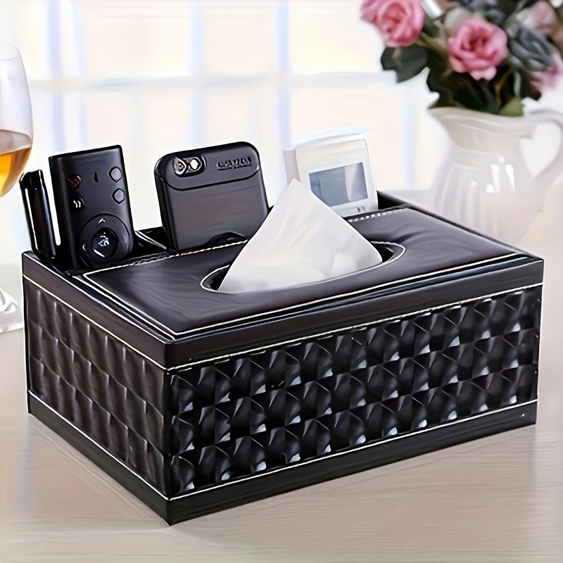 Black cat's eye Multi-Function Leather Tissue Box, Wooden Frame with Compartment Storage, Anti-Slip and Stable, Living Room and Office Desktop Organizer - Image 3