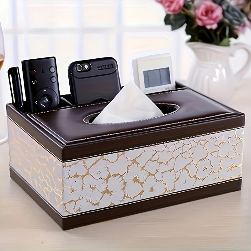 Black cat's eye Multi-Function Leather Tissue Box, Wooden Frame with Compartment Storage, Anti-Slip and Stable, Living Room and Office Desktop Organizer - Image 5