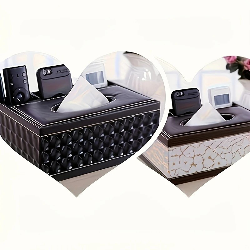 White gold Multi-Function Leather Tissue Box, Wooden Frame with Compartment Storage, Anti-Slip and Stable, Living Room and Office Desktop Organizer - Image 2