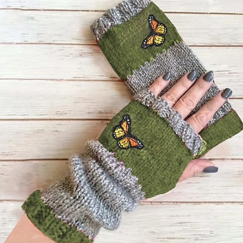 Fashion Color-Block Butterfly Embroidered Knit Gloves, Warm Fit 8.5×22cm, Practical Sweet Stylish Essential for Autumn/Winter Outfits(black) - Image 3