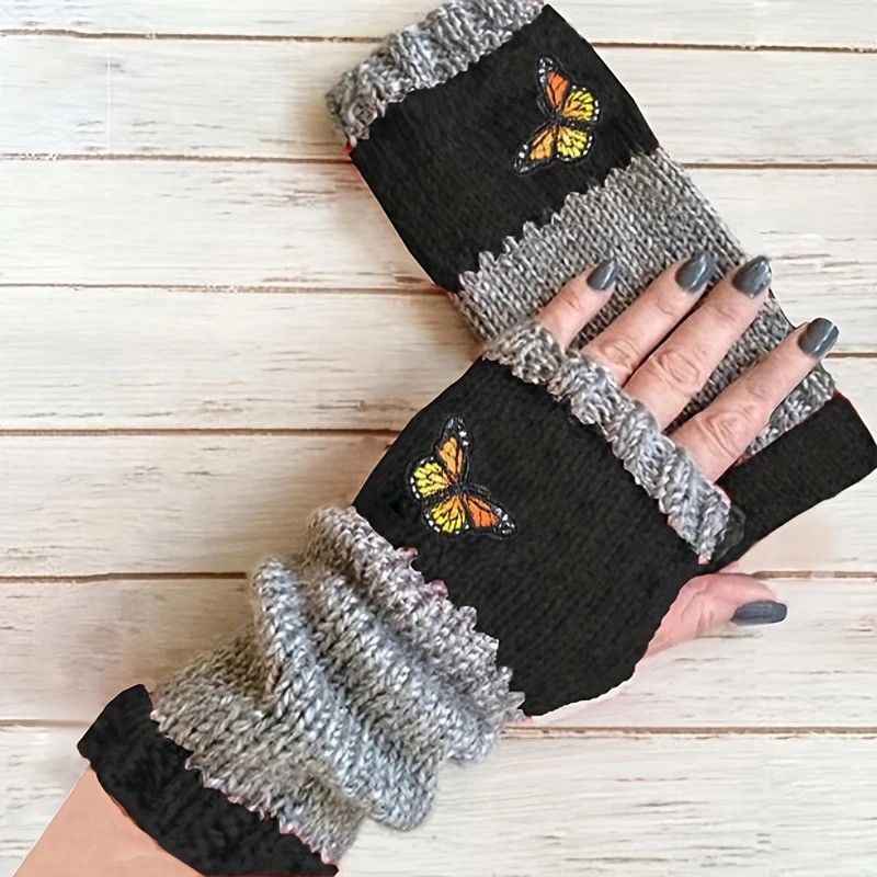 Fashion Color-Block Butterfly Embroidered Knit Gloves, Warm Fit 8.5×22cm, Practical Sweet Stylish Essential for Autumn/Winter Outfits(GREEN) - Image 6