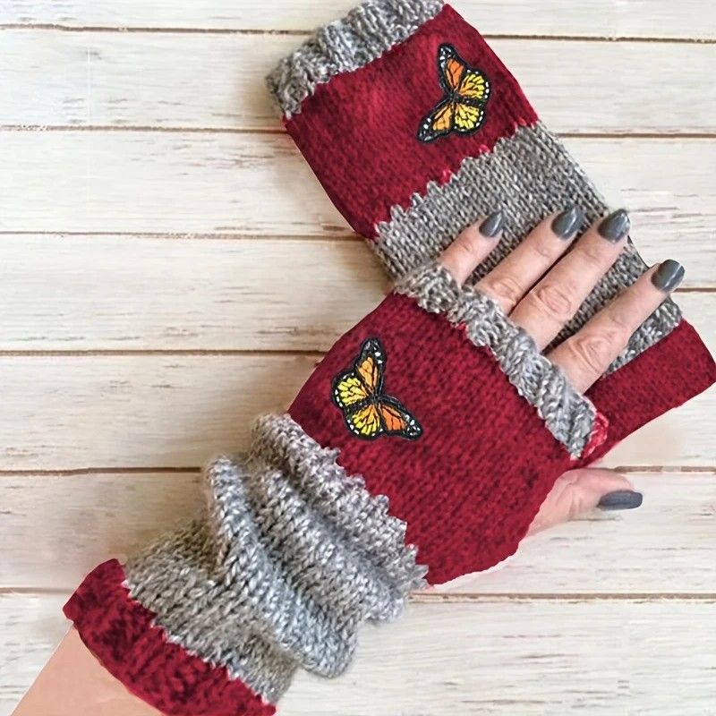 Fashion Color-Block Butterfly Embroidered Knit Gloves, Warm Fit 8.5×22cm, Practical Sweet Stylish Essential for Autumn/Winter Outfits(RED) - Image 1