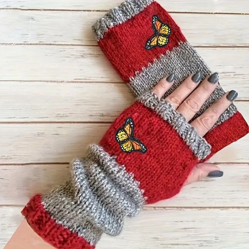 Fashion Color-Block Butterfly Embroidered Knit Gloves, Warm Fit 8.5×22cm, Practical Sweet Stylish Essential for Autumn/Winter Outfits(RED) - Image 2