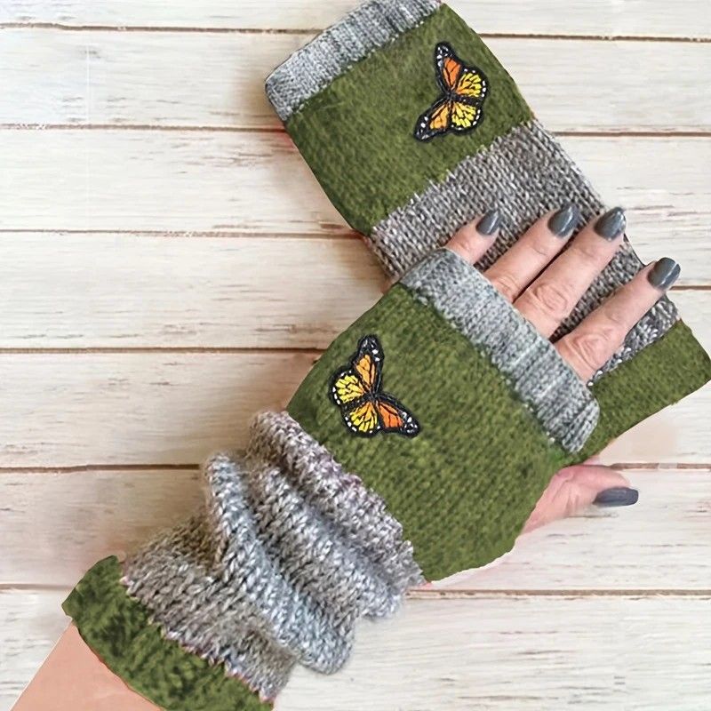 Fashion Color-Block Butterfly Embroidered Knit Gloves, Warm Fit 8.5×22cm, Practical Sweet Stylish Essential for Autumn/Winter Outfits(RED) - Image 5