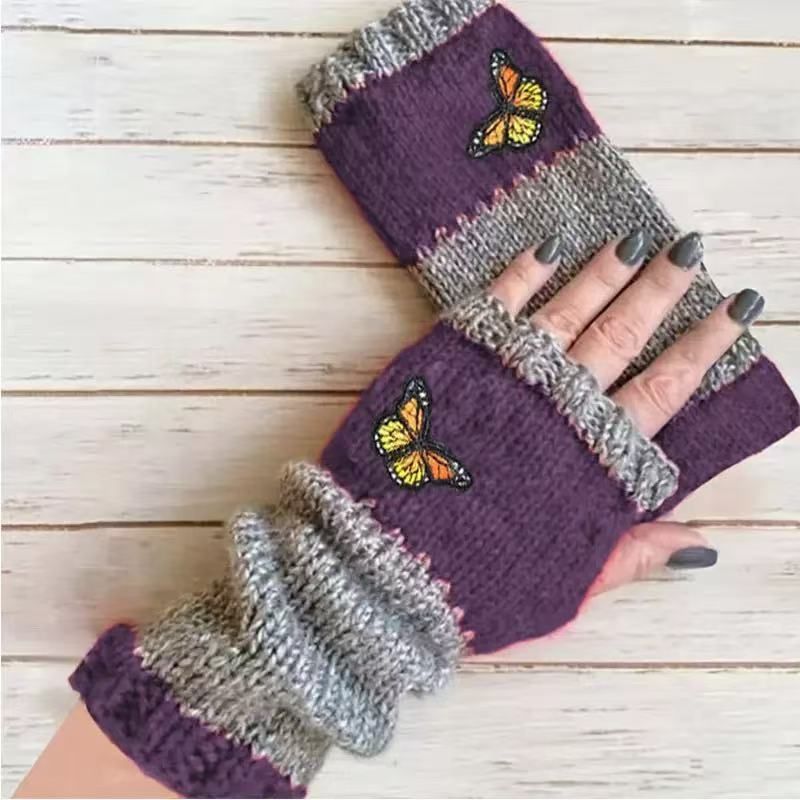 Fashion Color-Block Butterfly Embroidered Knit Gloves, Warm Fit 8.5×22cm, Practical Sweet Stylish Essential for Autumn/Winter Outfits(RED) - Image 6
