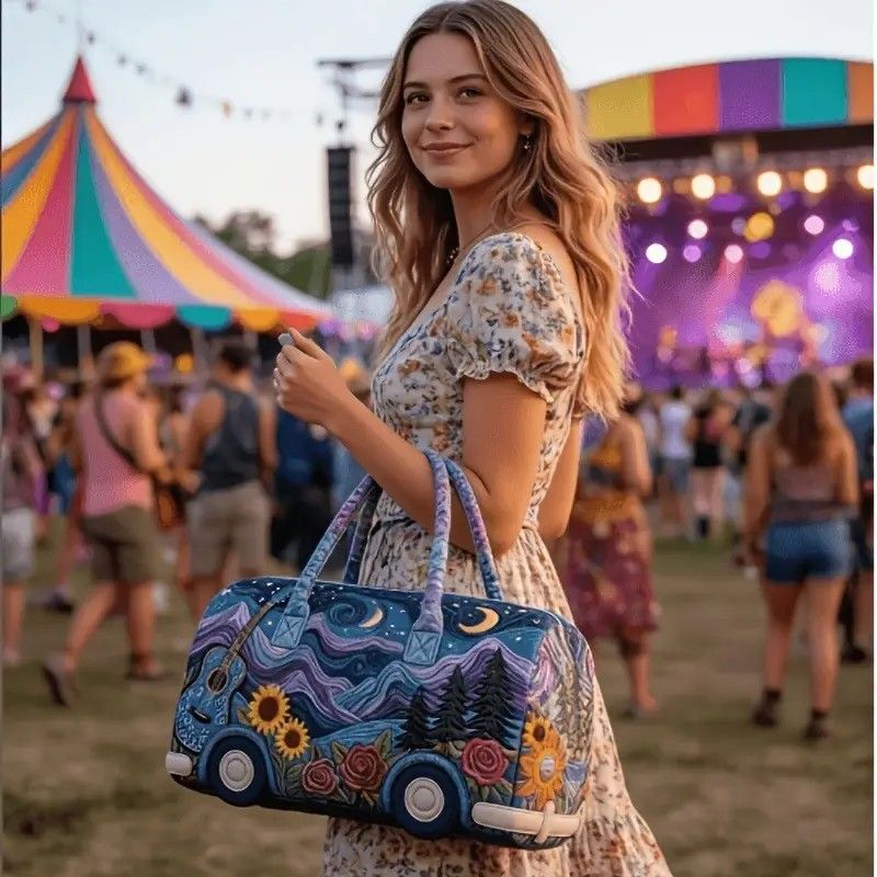 Bohemian style vintage embroidered travel bag, made of lightweight and durable polyester, with a capacity under 20L, featuring eye-catching starry sky and mountain patterns, essential for music festivals and gym outings.(18 inches *9IN*9 inches) - Image 5