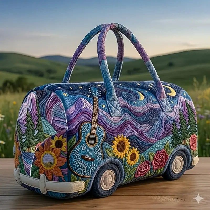 Bohemian style vintage embroidered travel bag, made of lightweight and durable polyester, with a capacity under 20L, featuring eye-catching starry sky and mountain patterns, essential for music festivals and gym outings.((16X8X8) inch) - Image 1