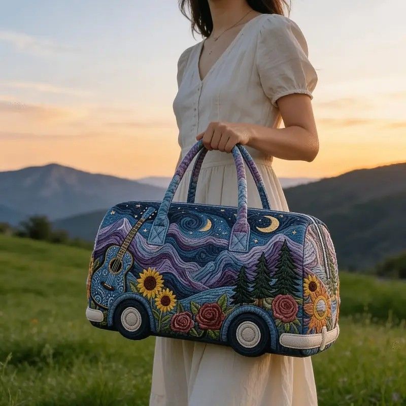Bohemian style vintage embroidered travel bag, made of lightweight and durable polyester, with a capacity under 20L, featuring eye-catching starry sky and mountain patterns, essential for music festivals and gym outings.((16X8X8) inch) - Image 2