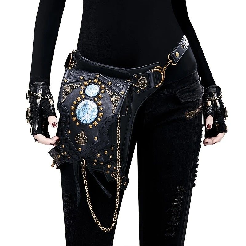 Steampunk-style Adjustable Waist Bag: Retro Chains and Rivets Decoration, PU Leather Multi-function Shoulder Crossbody Bag for Trendy Matching - Image 1