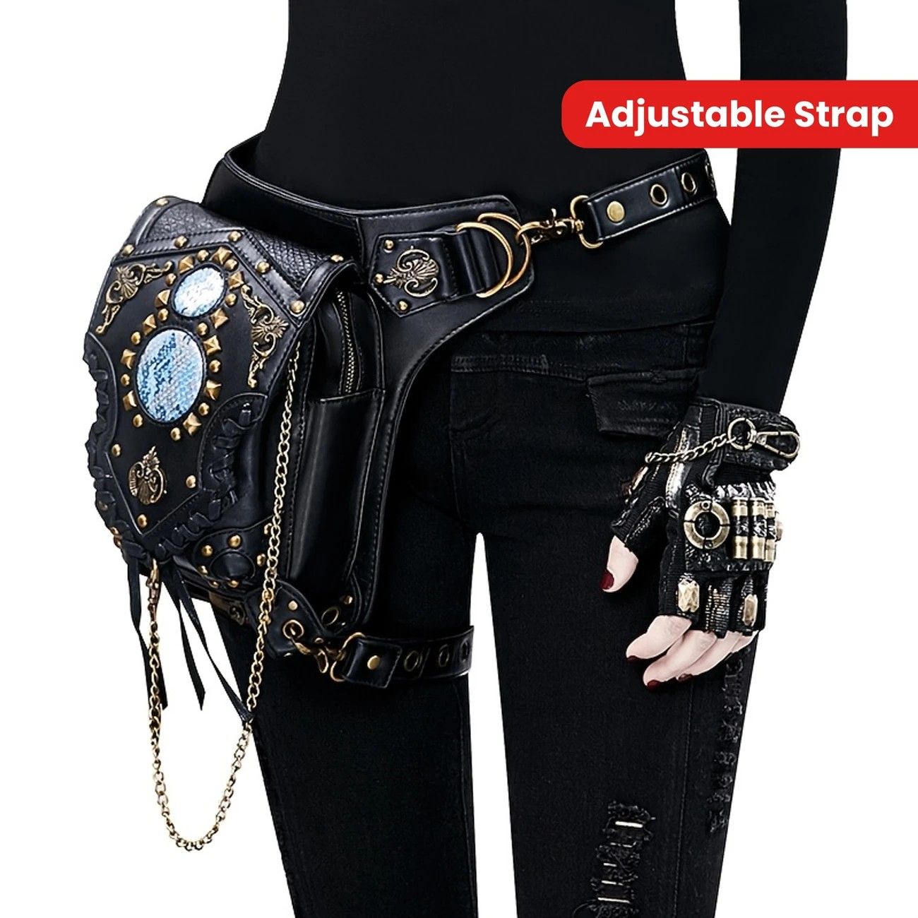 Steampunk-style Adjustable Waist Bag: Retro Chains and Rivets Decoration, PU Leather Multi-function Shoulder Crossbody Bag for Trendy Matching - Image 2