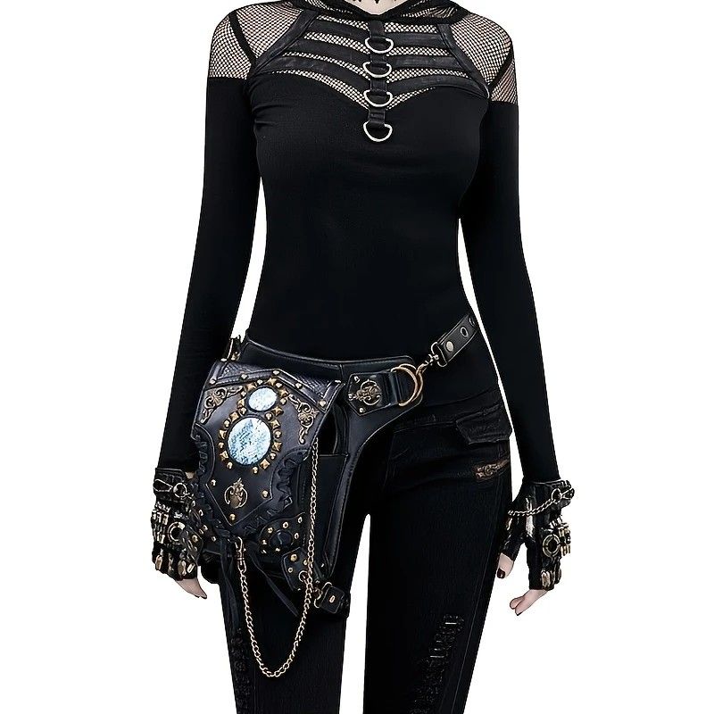 Steampunk-style Adjustable Waist Bag: Retro Chains and Rivets Decoration, PU Leather Multi-function Shoulder Crossbody Bag for Trendy Matching - Image 3