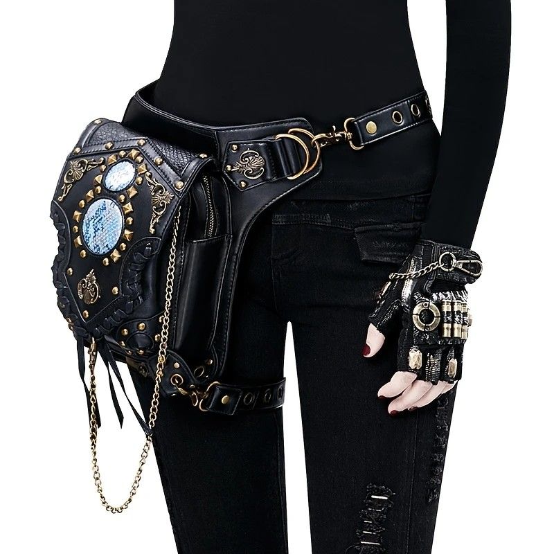 Steampunk-style Adjustable Waist Bag: Retro Chains and Rivets Decoration, PU Leather Multi-function Shoulder Crossbody Bag for Trendy Matching - Image 4