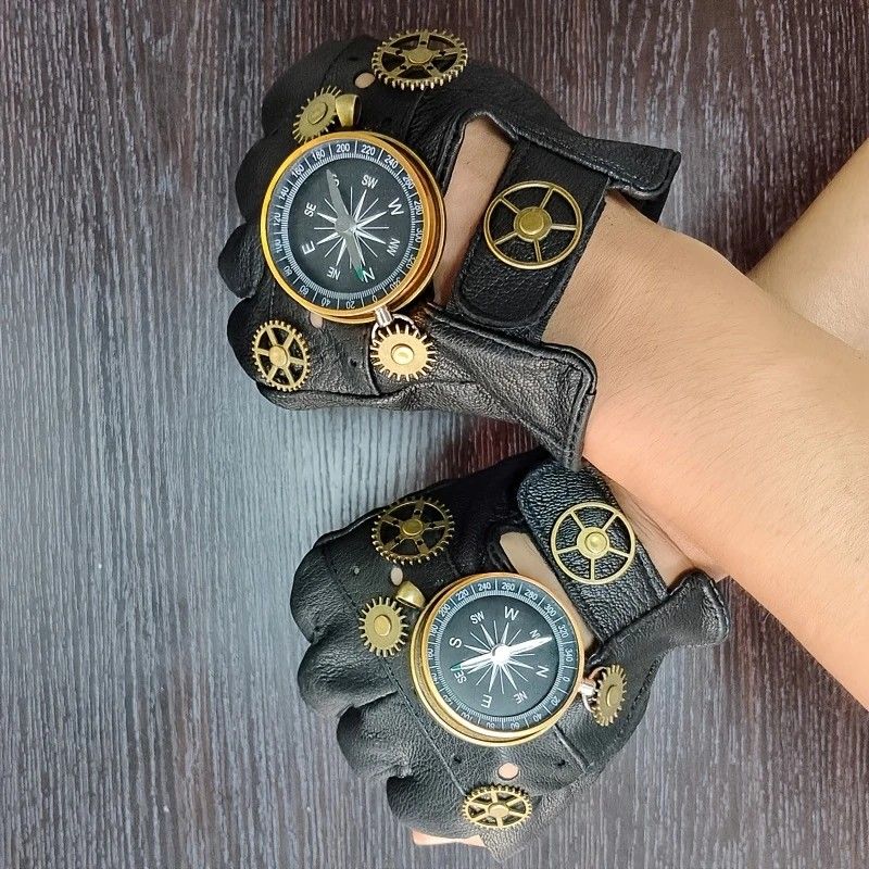 Steampunk Compass Half - Finger Gloves: Pure Sheepskin with Gear Decor, Retro Mechanical Style, Flexible & Versatile。golden - Image 3