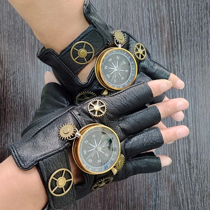 Steampunk Compass Half - Finger Gloves: Pure Sheepskin with Gear Decor, Retro Mechanical Style, Flexible & Versatile。golden - Image 4