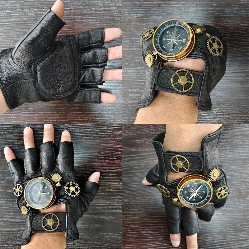 Steampunk Compass Half - Finger Gloves: Pure Sheepskin with Gear Decor, Retro Mechanical Style, Flexible & Versatile。golden - Image 6