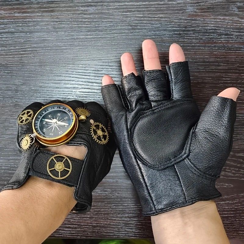 Steampunk Compass Half - Finger Gloves: Pure Sheepskin with Gear Decor, Retro Mechanical Style, Flexible & Versatile。golden - Image 8