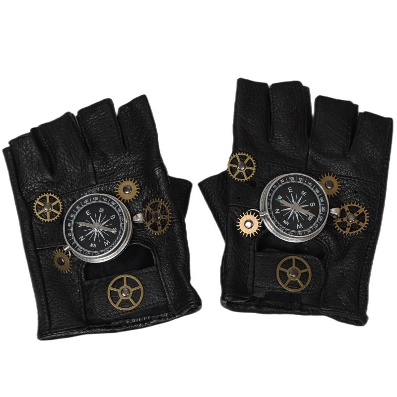 Steampunk Compass Half - Finger Gloves: Pure Sheepskin with Gear Decor, Retro Mechanical Style, Flexible & Versatile。silver - Image 1
