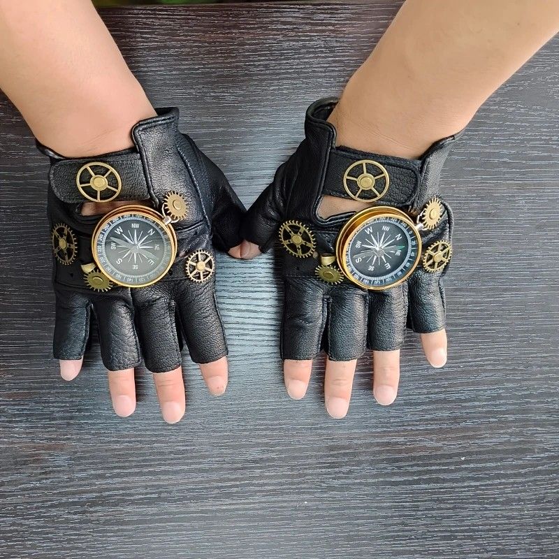 Steampunk Compass Half - Finger Gloves: Pure Sheepskin with Gear Decor, Retro Mechanical Style, Flexible & Versatile。silver - Image 2