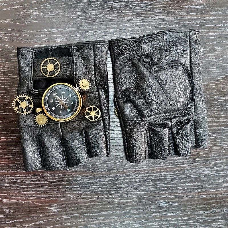 Steampunk Compass Half - Finger Gloves: Pure Sheepskin with Gear Decor, Retro Mechanical Style, Flexible & Versatile。silver - Image 3