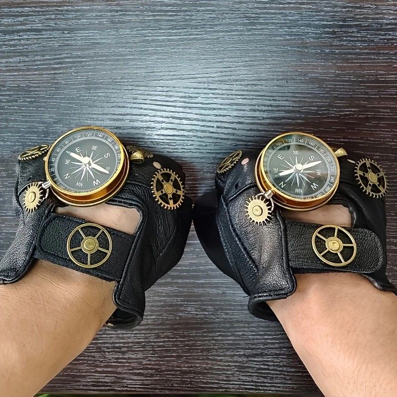 Steampunk Compass Half - Finger Gloves: Pure Sheepskin with Gear Decor, Retro Mechanical Style, Flexible & Versatile。silver - Image 6