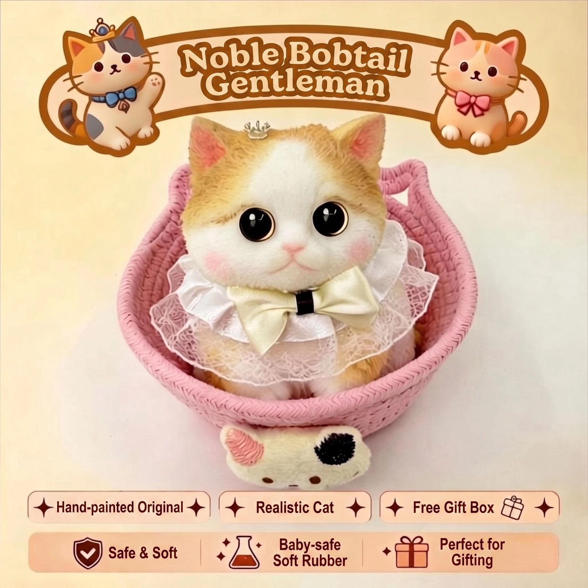 Fat Cat Squishy Toy, Lifelike Cat Plush Doll, Original Hand-Painted Design, (Kitten + Accessories + Cat Bed)/Gentleman blue and white treasure - Image 8