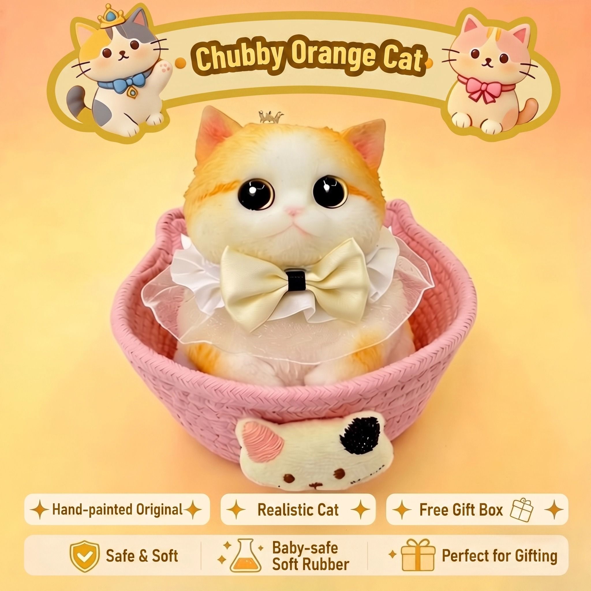 Fat Cat Squishy Toy, Lifelike Cat Plush Doll, Original Hand-Painted Design, (Kitten + Accessories + Cat Bed)/Lovely golden gradient - Image 2