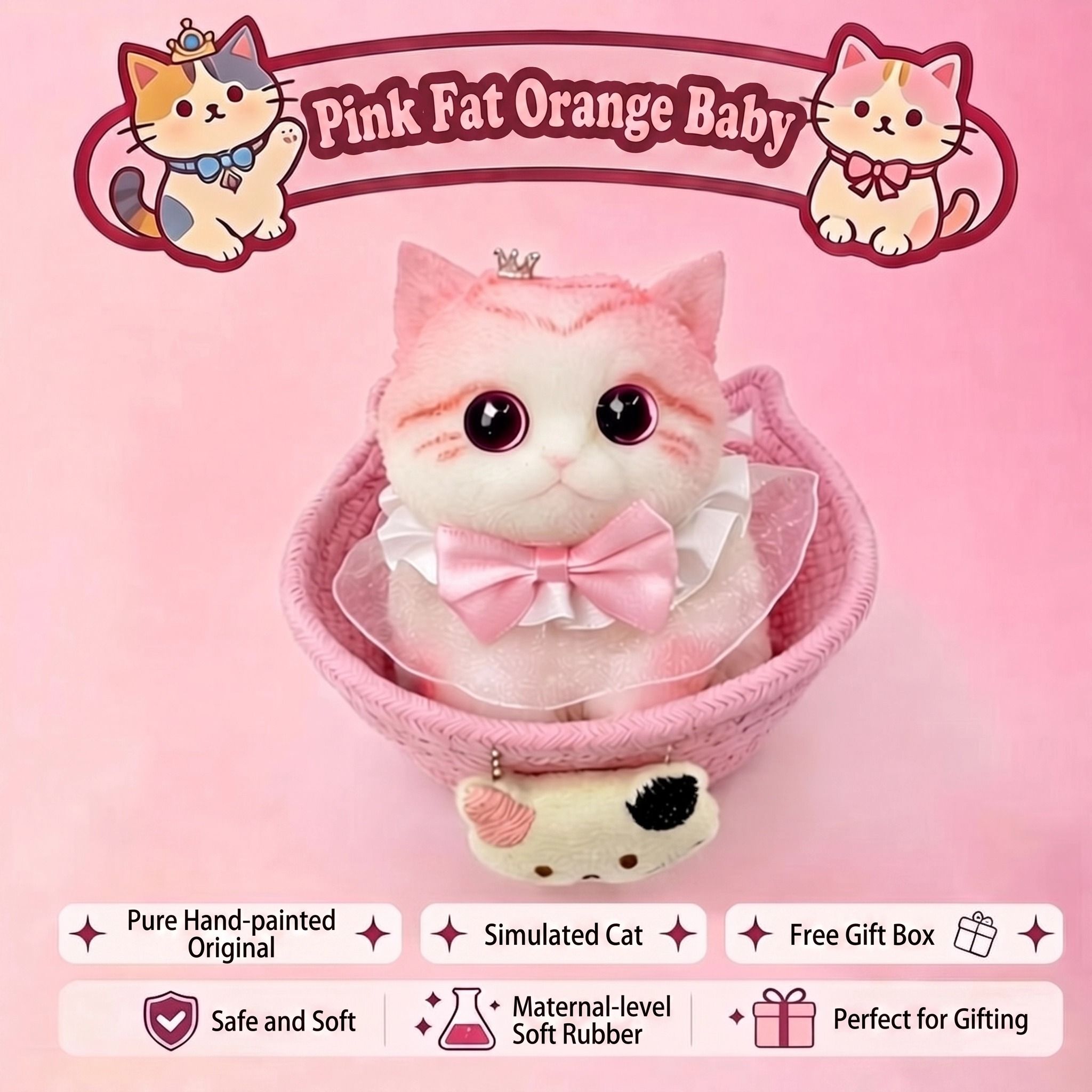 Fat Cat Squishy Toy, Lifelike Cat Plush Doll, Original Hand-Painted Design, (Kitten + Accessories + Cat Bed)/Lovely golden gradient - Image 7