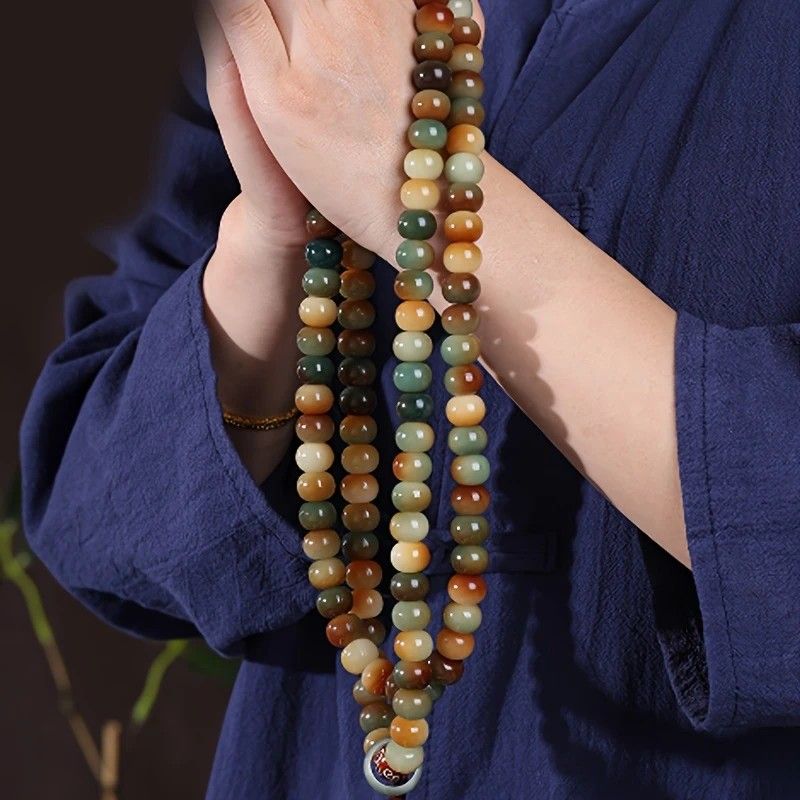 108 Bodhi Root Bracelet with Green Sandalwood Sachet, Textured by Time, Multi-Loop Zen Meditation Beads - Image 3