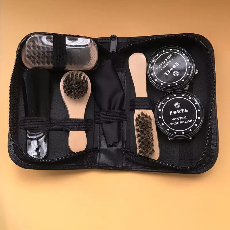 7-in-1 Travel Case Black and Neutral Shoe Brush Cleaning Kit - Image 1