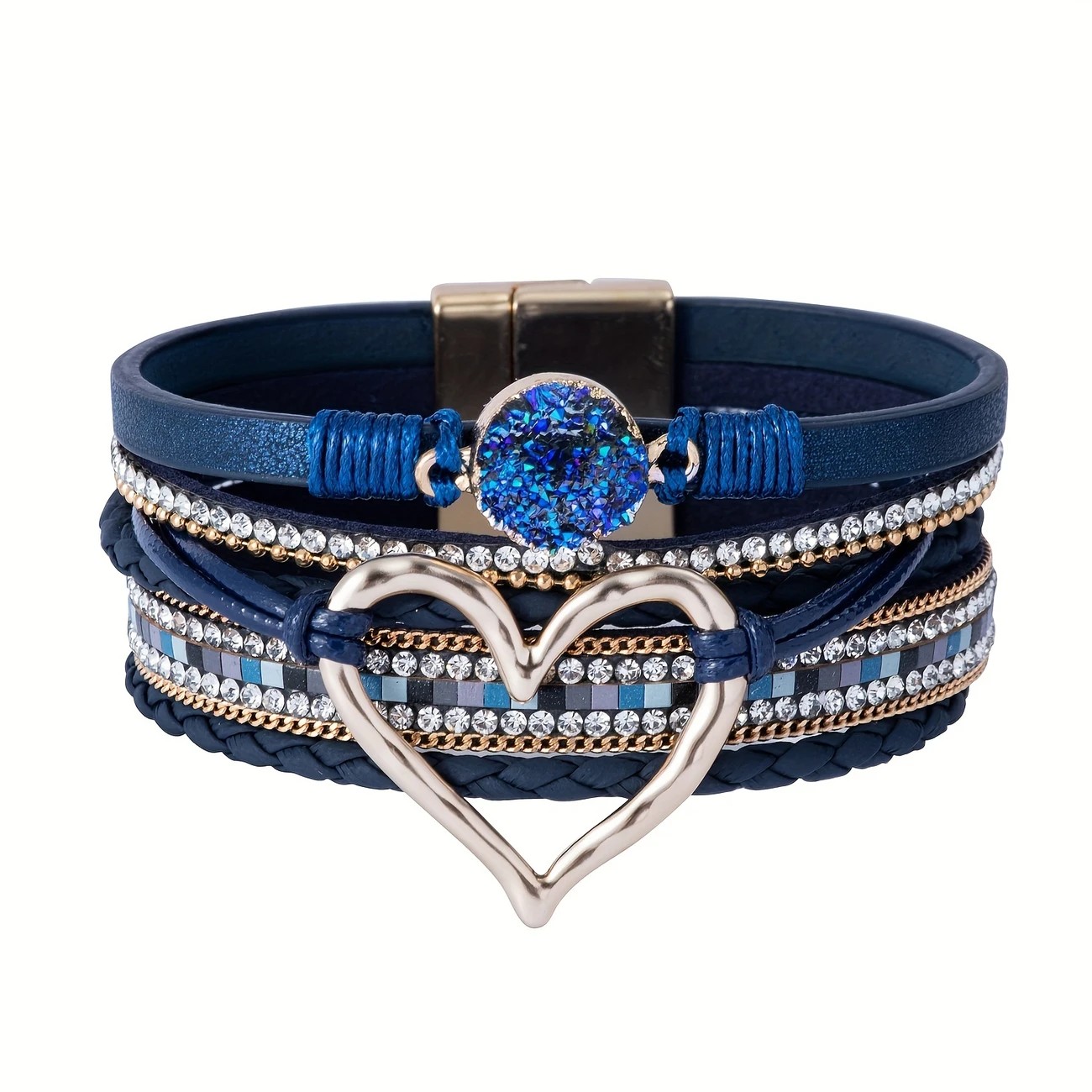 Bohemian Braided Leather Bracelet, Multi-layer Design with Metal and Crystal Accents, Rose Gold Square Clasp with Heart Crystal, Embodying Casual Romantic Exotic Charm.(brown) - Image 4