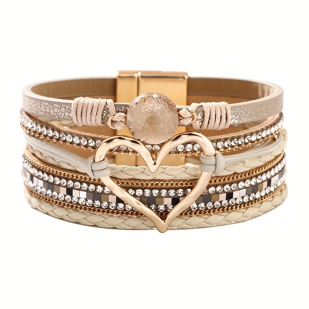 Bohemian Braided Leather Bracelet, Multi-layer Design with Metal and Crystal Accents, Rose Gold Square Clasp with Heart Crystal, Embodying Casual Romantic Exotic Charm.(khaki) - Image 1