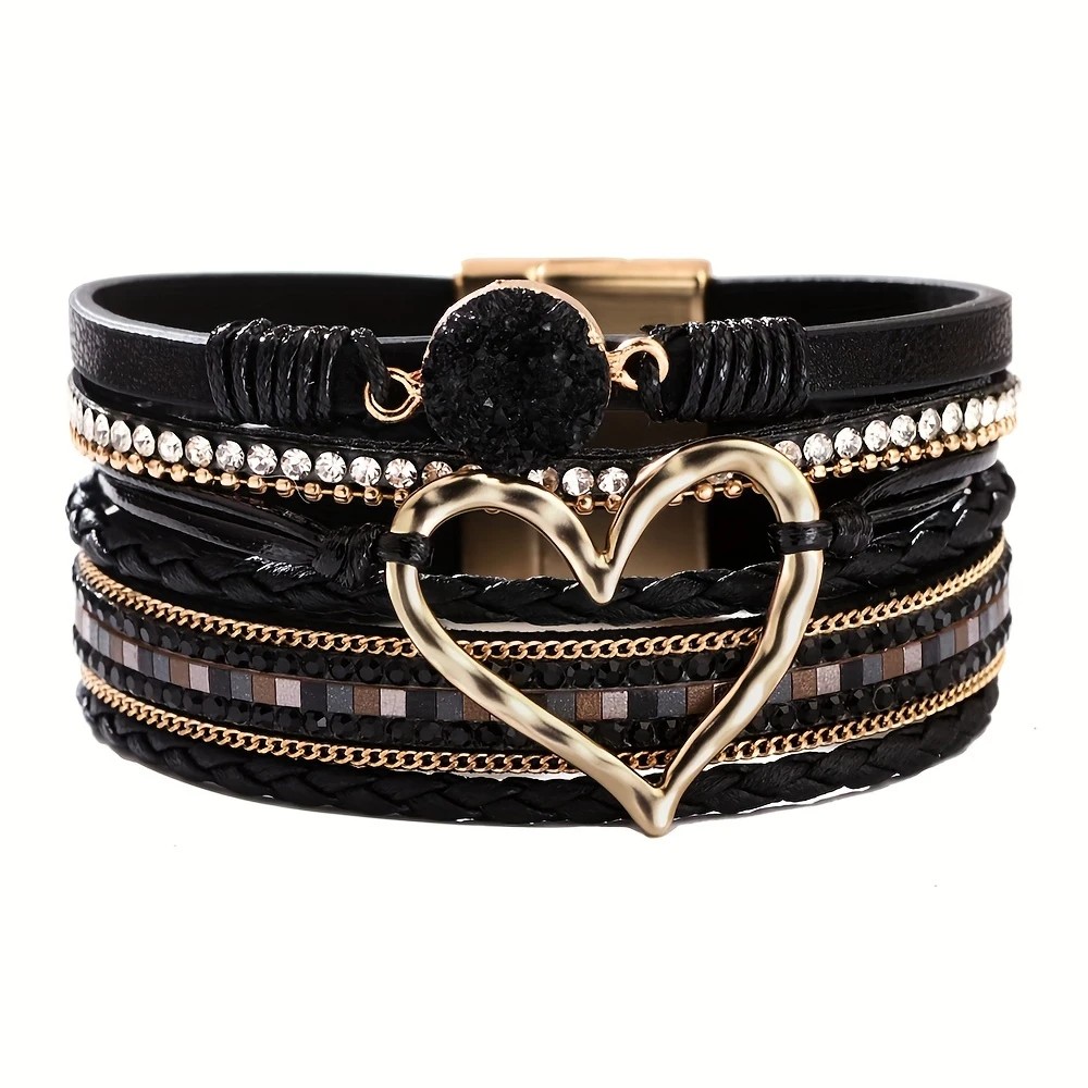 Bohemian Braided Leather Bracelet, Multi-layer Design with Metal and Crystal Accents, Rose Gold Square Clasp with Heart Crystal, Embodying Casual Romantic Exotic Charm.(khaki) - Image 3