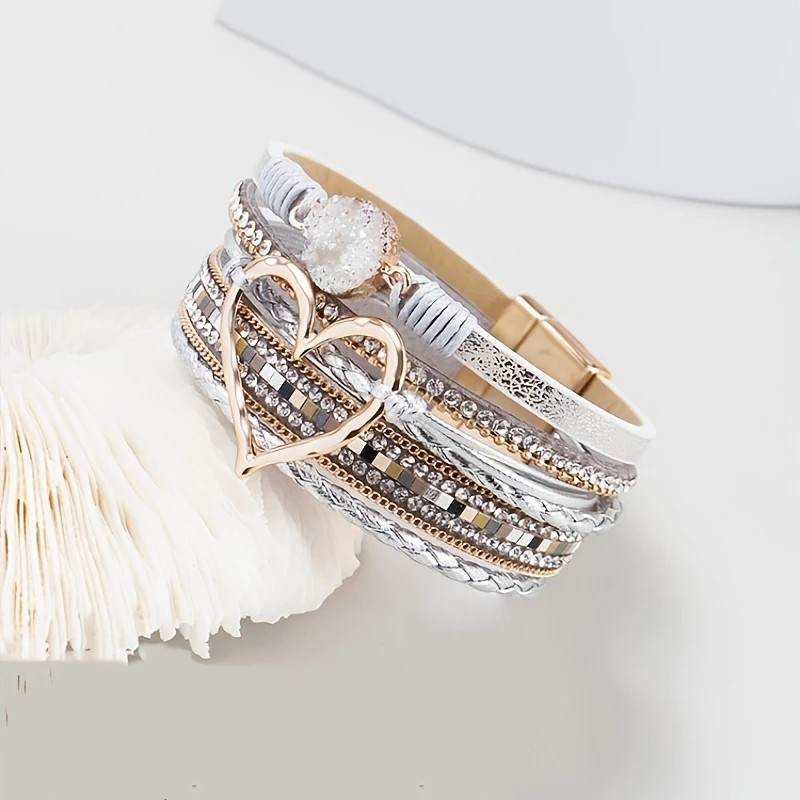 Bohemian Braided Leather Bracelet, Multi-layer Design with Metal and Crystal Accents, Rose Gold Square Clasp with Heart Crystal, Embodying Casual Romantic Exotic Charm.(khaki) - Image 5