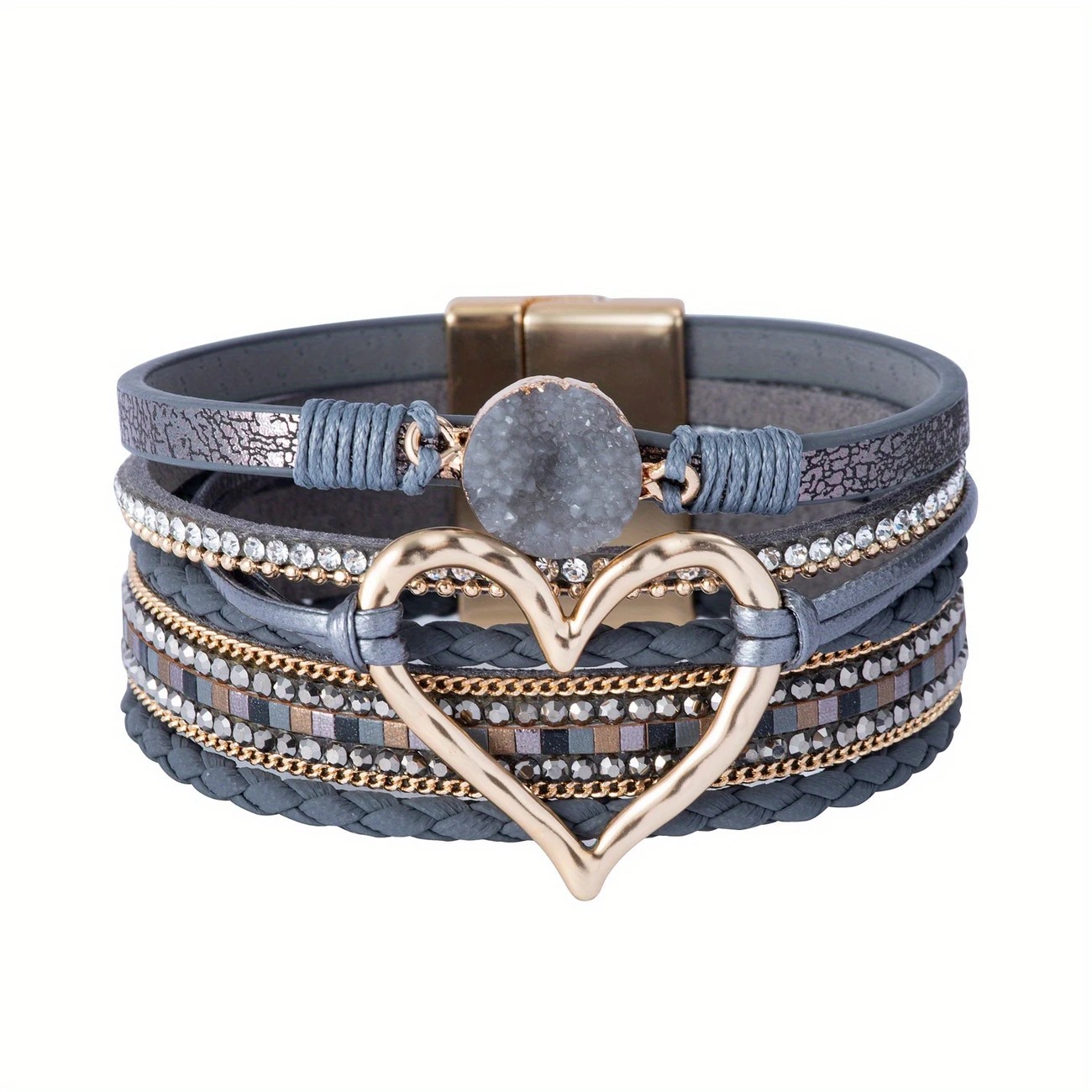 Bohemian Braided Leather Bracelet, Multi-layer Design with Metal and Crystal Accents, Rose Gold Square Clasp with Heart Crystal, Embodying Casual Romantic Exotic Charm.(khaki) - Image 7