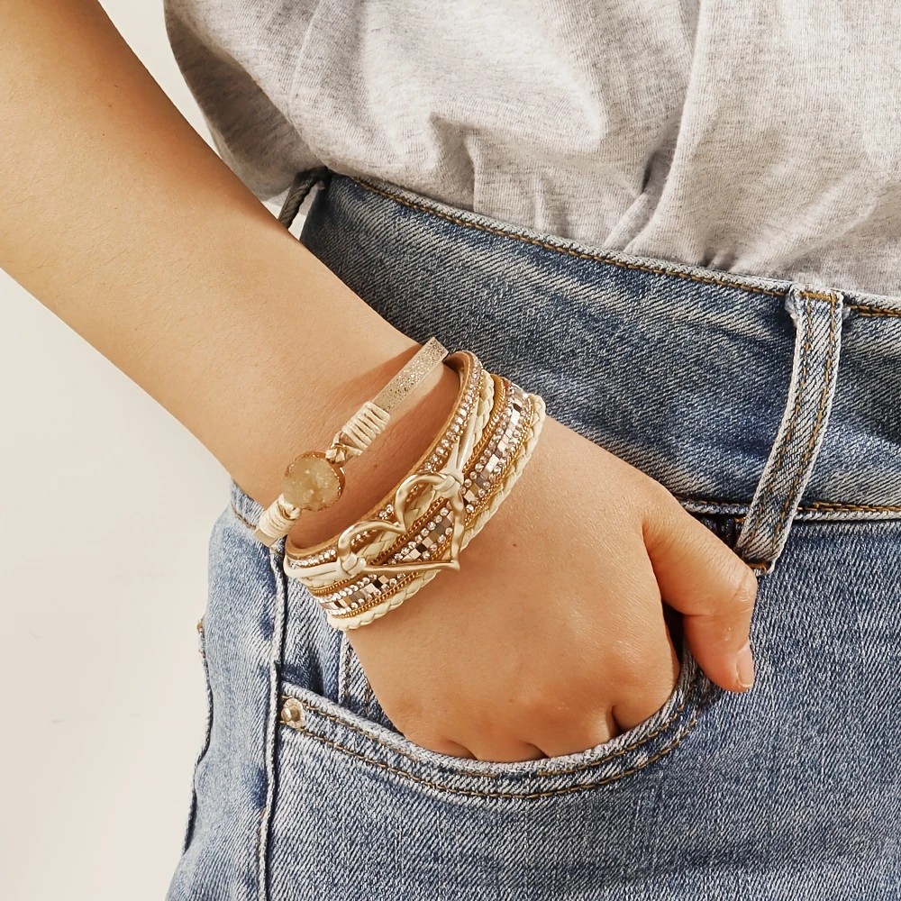 Bohemian Braided Leather Bracelet, Multi-layer Design with Metal and Crystal Accents, Rose Gold Square Clasp with Heart Crystal, Embodying Casual Romantic Exotic Charm.(royal blue) - Image 8
