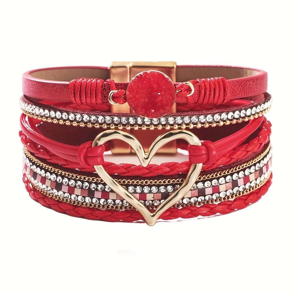 Bohemian Braided Leather Bracelet, Multi-layer Design with Metal and Crystal Accents, Rose Gold Square Clasp with Heart Crystal, Embodying Casual Romantic Exotic Charm.(RED) - Image 1