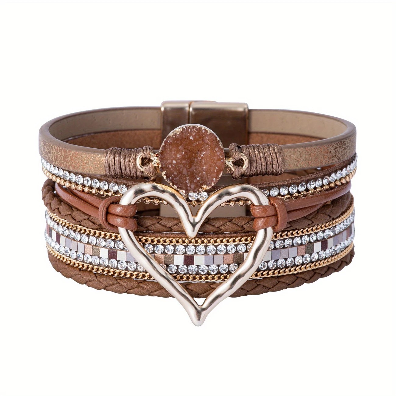 Bohemian Braided Leather Bracelet, Multi-layer Design with Metal and Crystal Accents, Rose Gold Square Clasp with Heart Crystal, Embodying Casual Romantic Exotic Charm.(RED) - Image 2