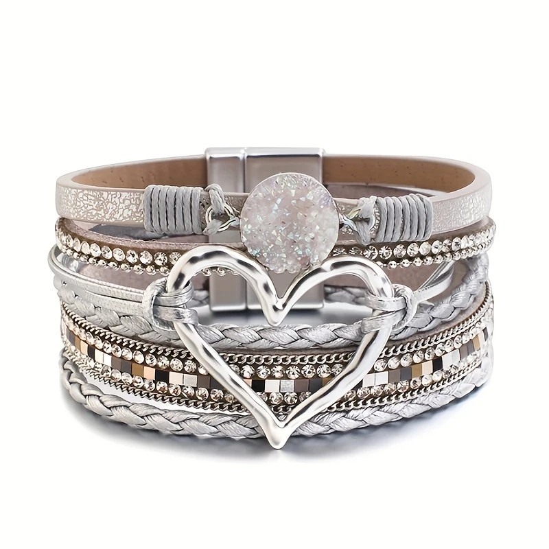 Bohemian Braided Leather Bracelet, Multi-layer Design with Metal and Crystal Accents, Rose Gold Square Clasp with Heart Crystal, Embodying Casual Romantic Exotic Charm.(RED) - Image 7