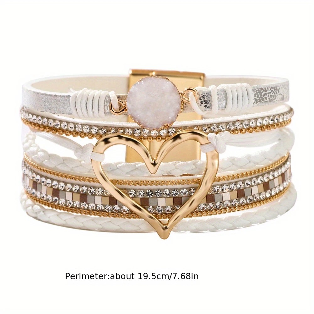 Bohemian Braided Leather Bracelet, Multi-layer Design with Metal and Crystal Accents, Rose Gold Square Clasp with Heart Crystal, Embodying Casual Romantic Exotic Charm.(silver) - Image 8