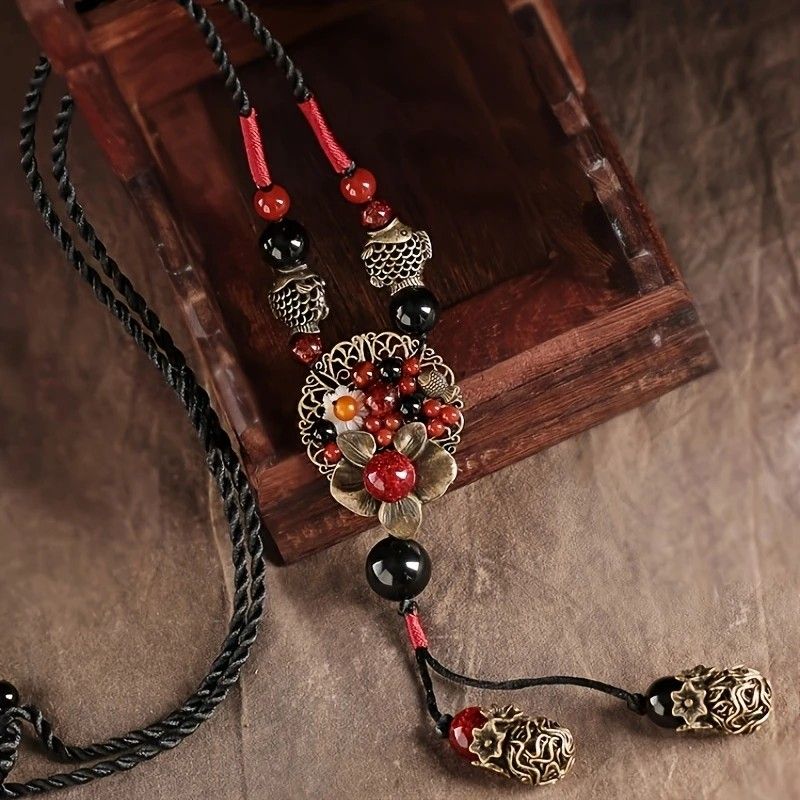 Bohemian style long necklace featuring retro beads and metal carved flowers with elegant dangling tassels adjustable 86cm chain suitable for pairing with sweaters and dresses perfect for daily wear or holiday occasions - Image 3