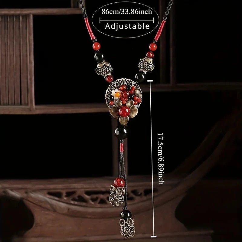 Bohemian style long necklace featuring retro beads and metal carved flowers with elegant dangling tassels adjustable 86cm chain suitable for pairing with sweaters and dresses perfect for daily wear or holiday occasions - Image 4