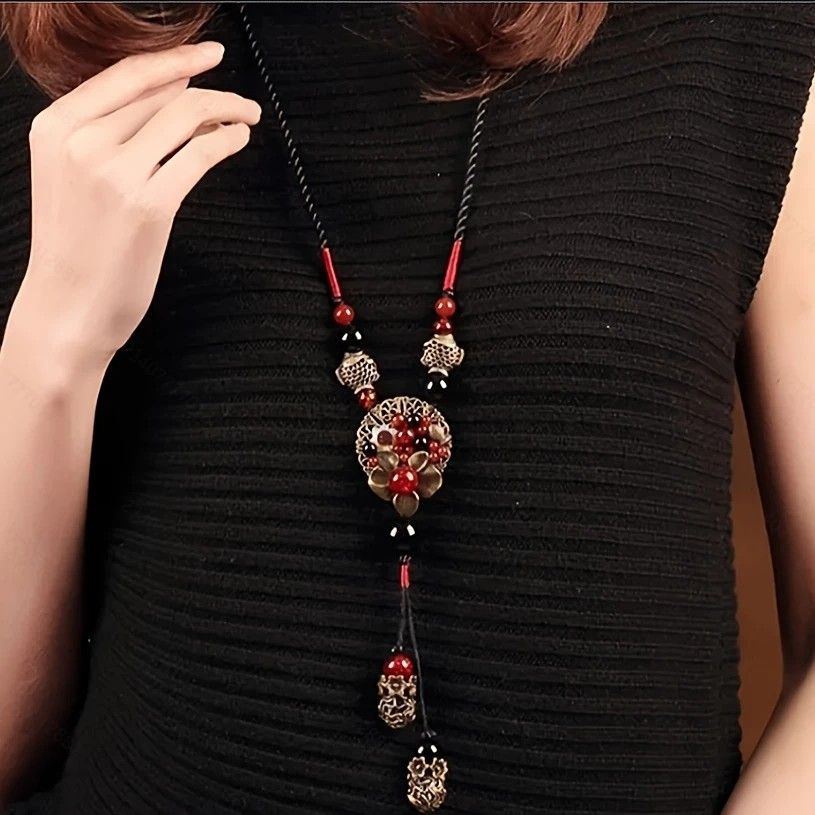 Bohemian style long necklace featuring retro beads and metal carved flowers with elegant dangling tassels adjustable 86cm chain suitable for pairing with sweaters and dresses perfect for daily wear or holiday occasions - Image 6